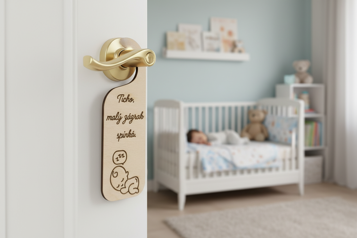 Dřevěný závěs na klik pro nerušený spánek