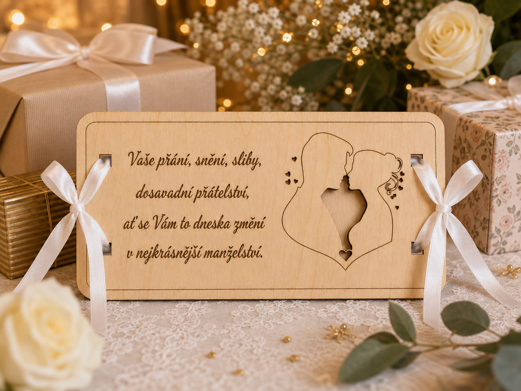 Svatební dřevěná obálka na peníze - přání novomanželům. Ideální svatební dar