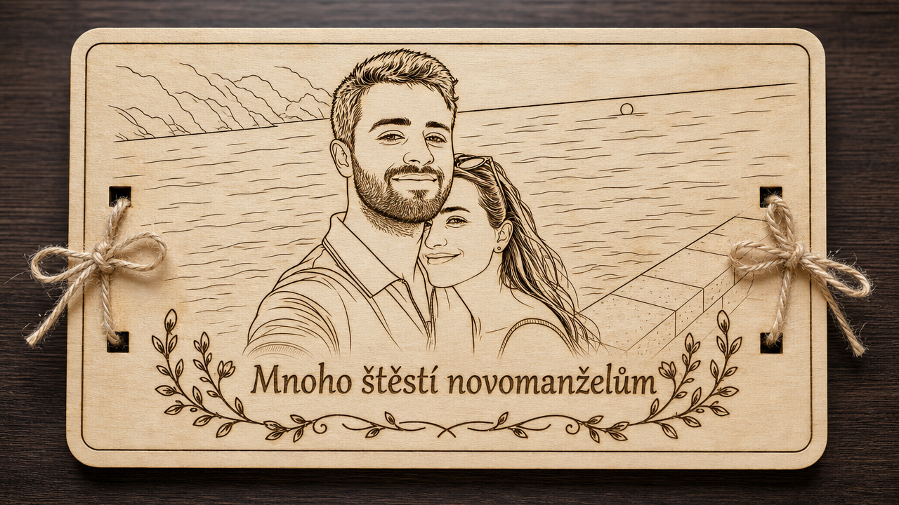 Ukázka gravírování na dřevěnou svatební obálku z vlastní fotografie