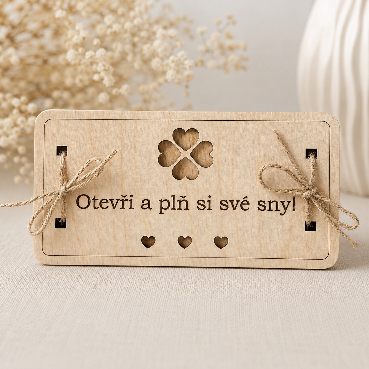 Tip: Zapomeňte na nudné papírové obálky. Darujte peníze ve stylové dřevěné obálce, na kterou vám zdarma vygravírujeme vaše osobní přání. 